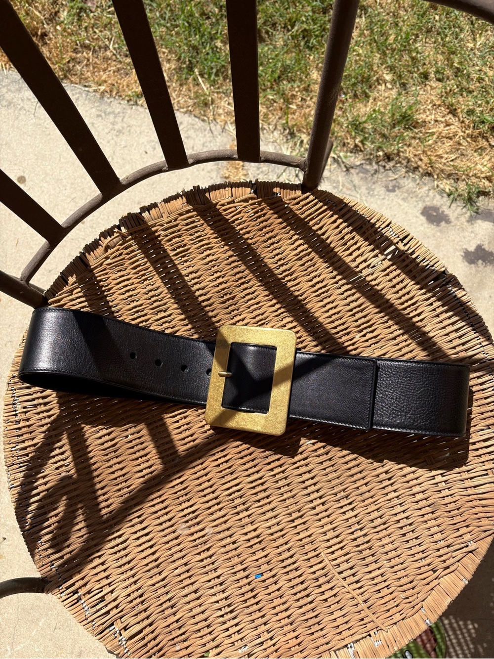 YSL BELT Black Leather Men's Belt with Gold Square Buckle